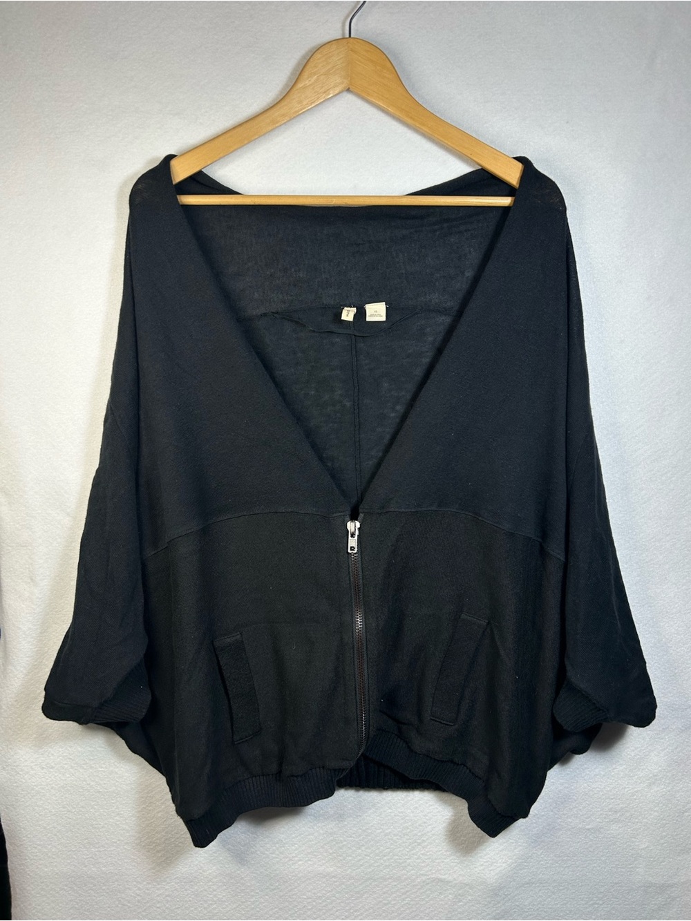 Moth Linen Blend Black Oversized Zip Front Top Short Sleeve Size XS